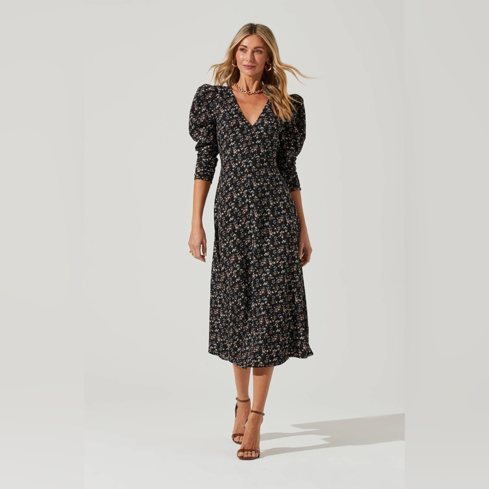 ASTR Floral Print Long Sleeve Midi Dress XS